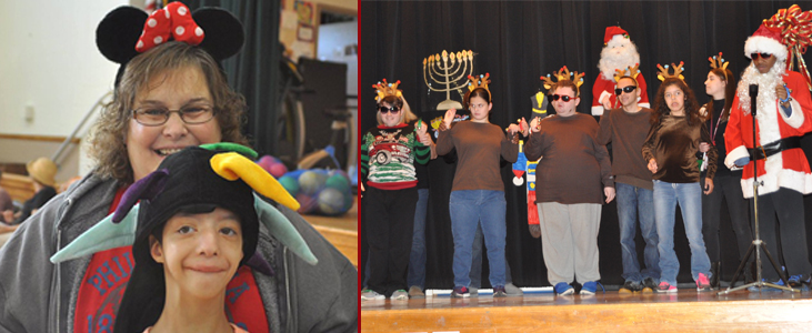 Left:Hat day at Harbor for staff and students. , Right: Performing at the Holiday Show